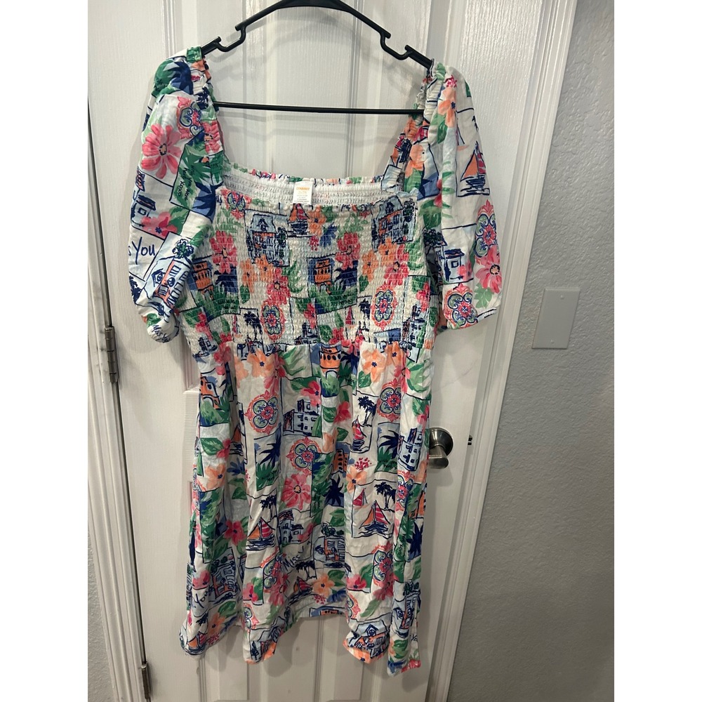 Gymboree Adult Dress White Tropical Postcard Smocked Linen Blend Puff Sleeve XL